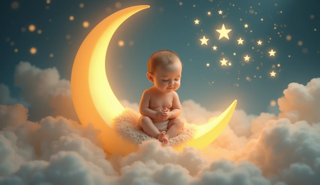 a baby listens to a lullaby and sits tenderly on a crescent moon in a fairy-tale space and there are many stars around, sleeps with closed eyes