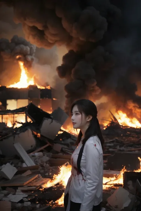 A woman, wounded and bleeding, explodes amidst the burning rubble. Tokyo rain, detailed real photos.