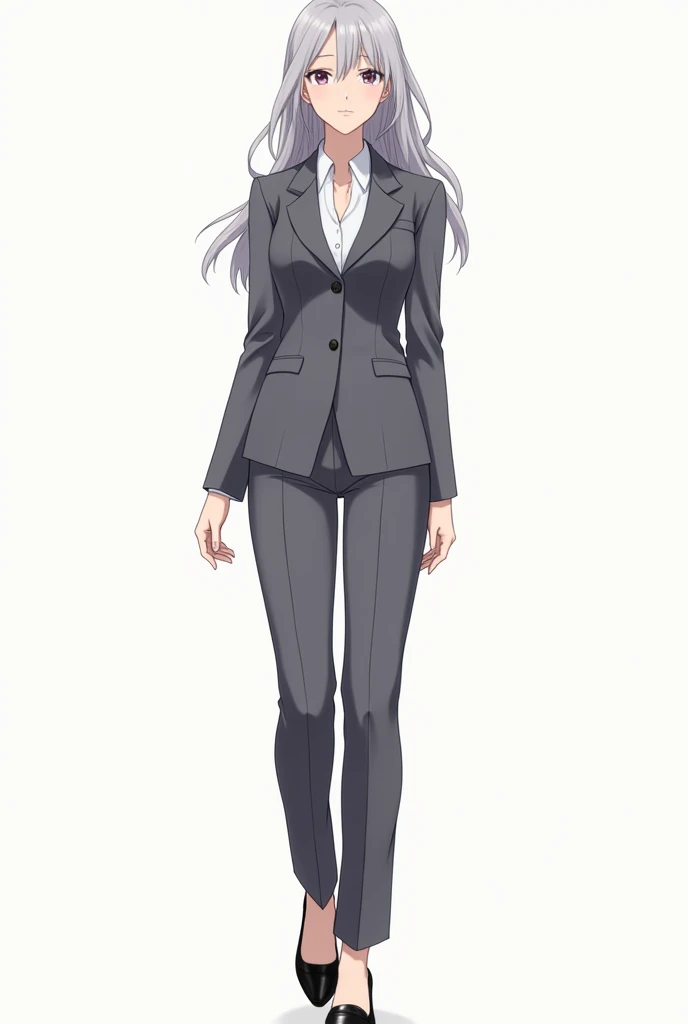 Ideal 30 year old female anime character and grey hair and suit outfit and black shoes with white background 