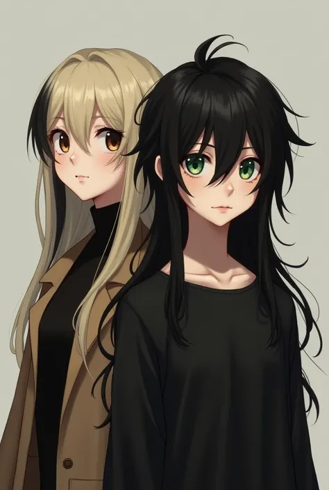 A boy with very long black hair one green eye and one brown eye with a black shirt, in the background an asian girl with a black shirt and a long brown coat, with blonde hair and black at the tips of the hair Realistic