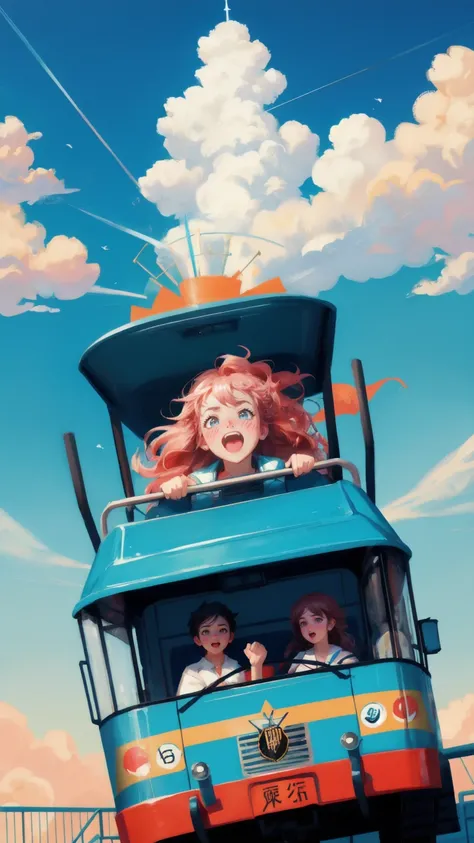 Design an image of a roller coaster zooming through the sky under a bright blue backdrop. Replace the front character with a cute girl who is screaming in panic, her hair flying wildly as she clutches the safety bar. The roller coaster cars are emblazoned ...