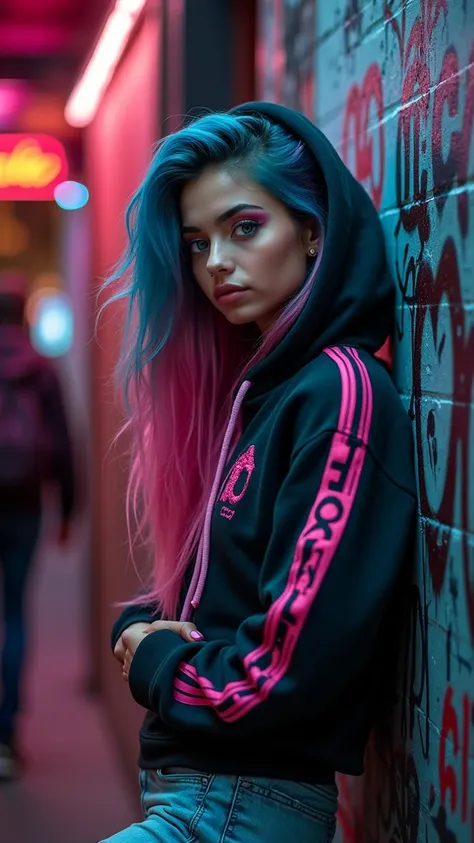 A striking urban portrait of a young woman with very long, neon Pink-black- hair,  vibrant light blue eyes, and a nose ring. She wears a fashionable black hoodie with pink and black striped sleeves, exuding confidence and style. Leaning nonchalantly agains...