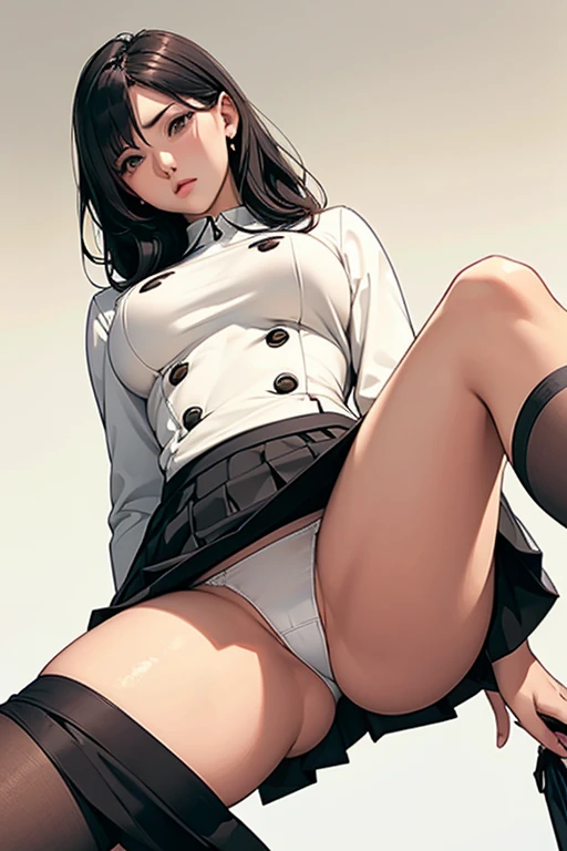 Large breasted wo suit))、((Black skirt))、trying to step on this、((White panties)),((Panties are visible))、Angle from below