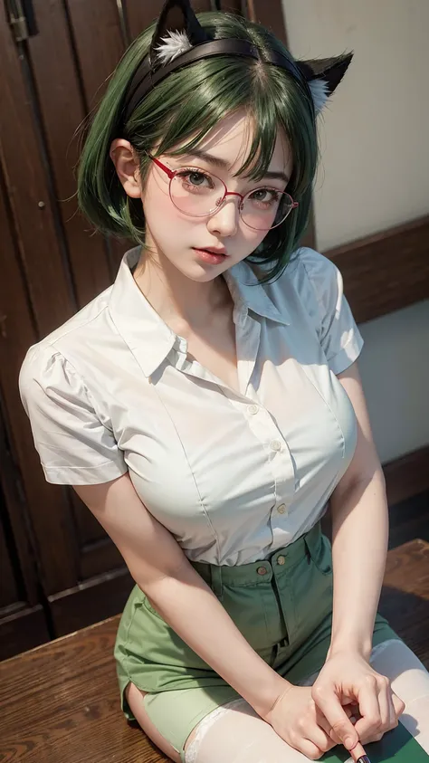 1 girl, medium bra, green hair, short, red glasses, dog ear, asian girl, white blouse, high tight stocking, lab, shy face, both hand holding a pen,  blush face, high quality, detail oufit, clear oufit design, shy posing, big ass, top quality, 4k character ...