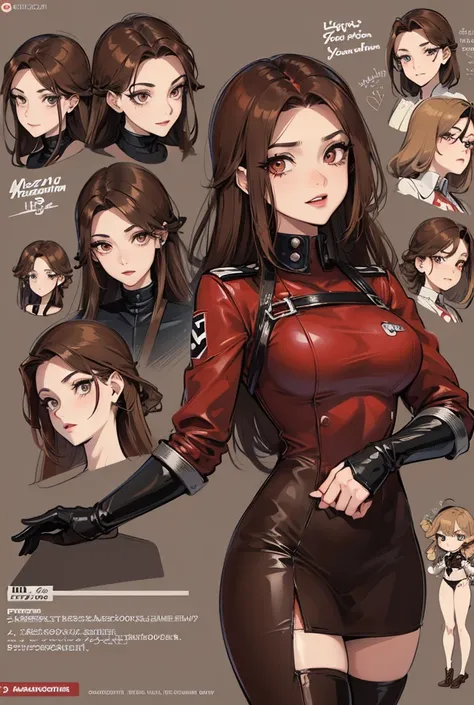 Comic book style. Character reference sheet of a Nazi princess with medium length brown hair, brown eyes, glossy red lips and a skintight gray tight dress with red and black accents and calf high combat boots. A red Nazi swaztika hair pin and armband acces...