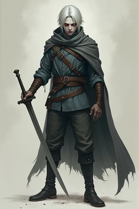 Creates an image of a sickly white-skinned hero with blood-red eyes with dark circles with short silver hair down to his shoulders has a simple adventurer&#39;s clothing with a silver sword that he thrusts named Asgard 