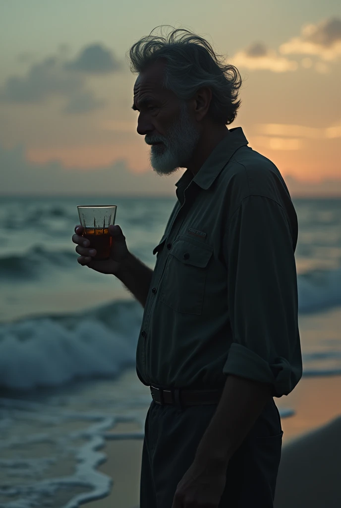 A man drinking alcohol, crying, feeling sad, standing alone by the sea.