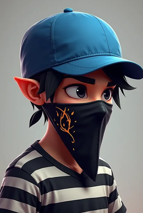 Free fire male character, My character is a boy who wears a blue hat that falls down on the sides, a black bandana with a fire design on the side, a black and white striped prison shirt, and the hat is not a cap, it is a hat that falls down on the sides, i...