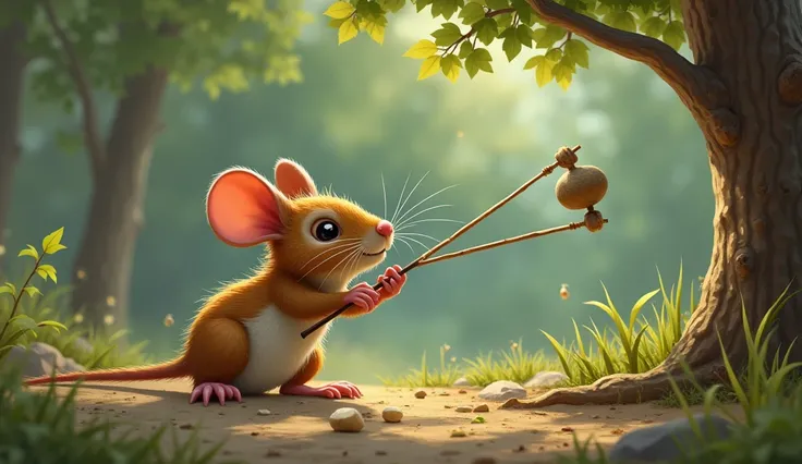  With a quick flurry of movement, the mouse made a makeshift slingshot. He found a pebble and aimed it at a nearby tree.