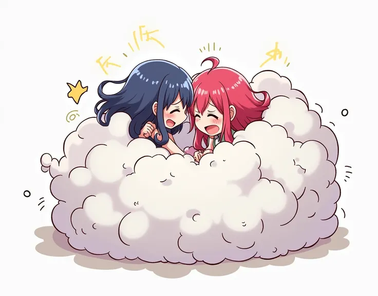 An anime-style illustration depicting girls playfully wrestling with each other inside a comical fight cloud.
each girl has different  colored hair.
their faces,hands,and feet are visible emerging from the cloud as they tussle humorously,  with the rest of...