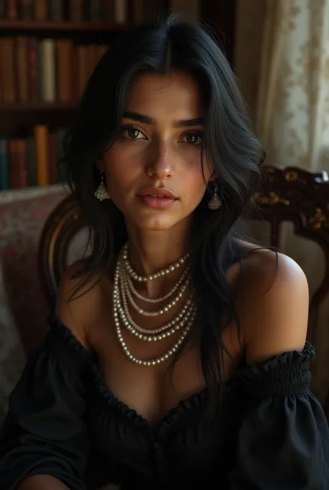 portrait of a Vritika Negi, a 21-year-old Kumaoni Hindu girl wearing a black dress and pearls, sitting in front of a fireplace, library or living room setting with bookshelves and antique furniture, detailed face and eyes, chiaroscuro lighting, warm color ...