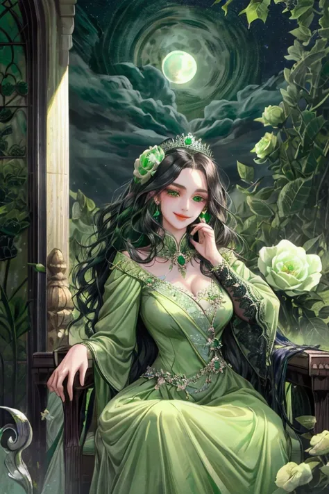 1woman, green gown, smile, black eyes, black long wavy hair, dancing pose, under the moon, detailed face, detailed eyes, detailed hand and body, accurate, masterpiece, best quality, flower bloom, royal palace, green rose royal carriage, green rose flower b...