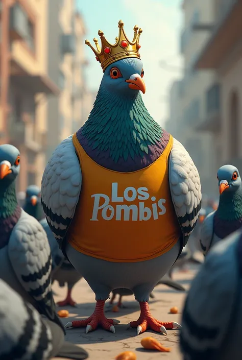 A STRONG AND MUSCULOUS KING PIGEON WITH A CROWN AND A SHIRT WITH LOS POMBIS WRITTEN IN THE MIDDLE THAT STANDS OUT AMONG THE MANY PIGEONS