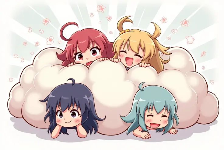 An anime-style illustration depicting ladies playfully wrestling with each other inside a comical fight cloud.
each lady has different  colored hair.
their faces,hands,and feet are visible emerging from the cloud as they tussle humorously,  with the rest o...