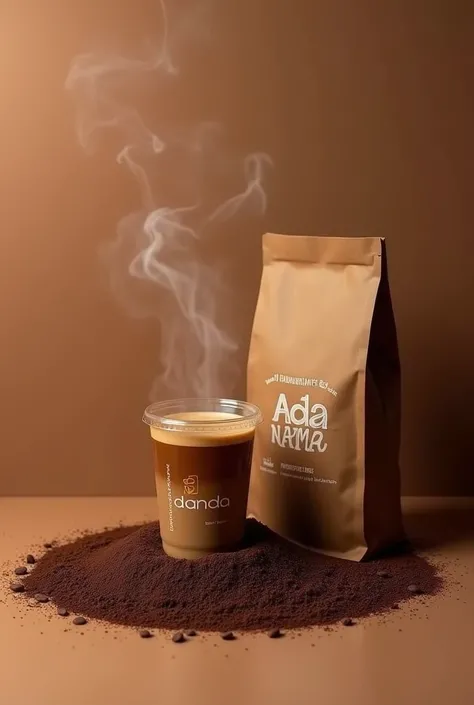 Photo of coffee product and its packaging with a unique concept sprinkled with coffee. 
Ada nama ridwangrapher di kemasanya