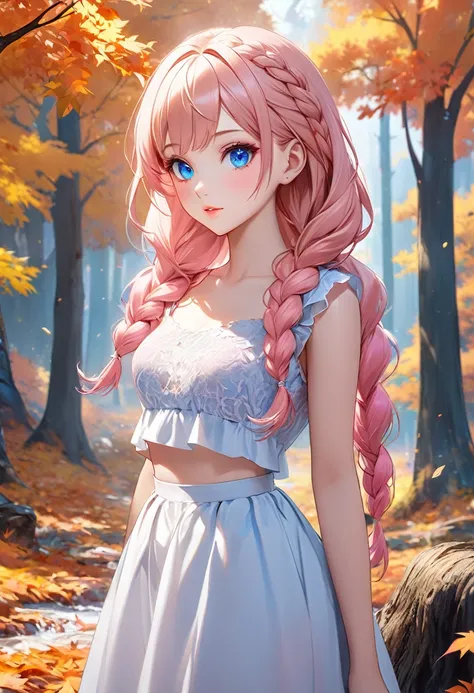 a woman with pink hair standing in front of a tree, inspired by Yanjun Cheng, trending on cg society, blonde braids and blue eyes, hyperrealistic fall, beautiful alluring anime teen, anime barbie doll, vivid colors, gloss skin