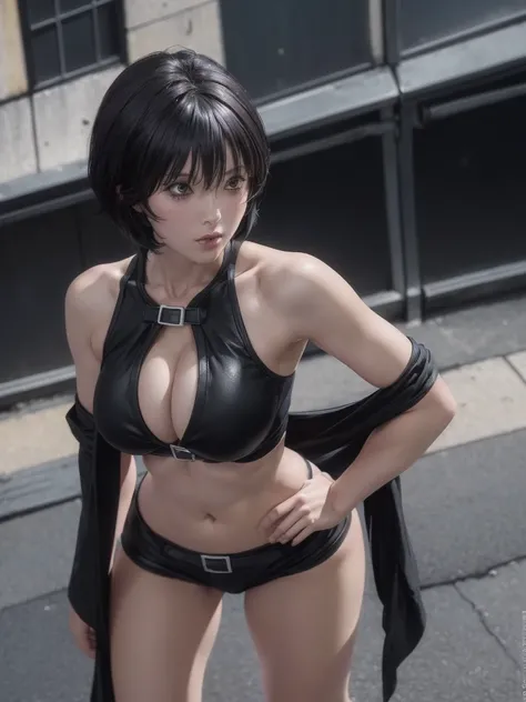 kurosaki mea、最high quality、high quality,, ((Masseter muscle area)), ((High resolution)), ((最high quality)), detailed, ((Glowing Skin)), ((Black-haired、Short Bob))、Black Bondage, Short black hot pants:1.4)), Bare Chest:1.5, Exposed breasts:1.2, Big Breasts:...