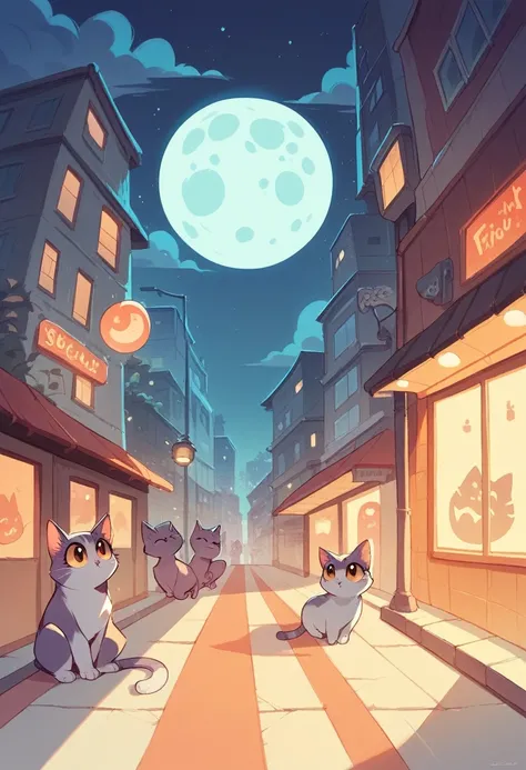 Cat, orange, Cute, Big eyes, masutepiece, fullmoon, Skyscrapers, Street, cartoon