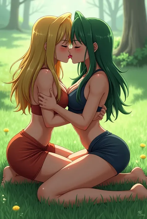 (animestyle) 2 woman, bulma and chichi from dragonball, knee on grass, kissing each other with tongue, very wet kissing, 