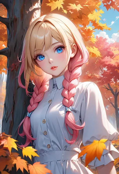 a woman with pink hair standing in front of a tree, inspired by Yanjun Cheng, trending on cg society, blonde braids and blue eyes, hyperrealistic fall, beautiful alluring anime teen, anime barbie doll, vivid colors, gloss skin