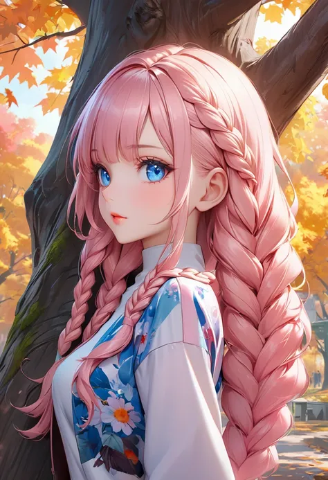 a woman with pink hair standing in front of a tree, inspired by Yanjun Cheng, trending on cg society, blonde braids and blue eyes, hyperrealistic fall, beautiful alluring anime teen, anime barbie doll, vivid colors, gloss skin