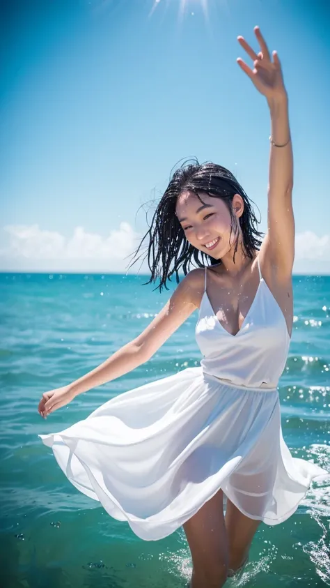 Ocean,9 talents,((White dress)),woman,Sunlight from above,(Boyish hairstyle),Turn around,(smile),Kicking the water at the shore,eye catching,Splattering splashes,Reflector from the opposite side of the sun,瞳にeye catching,(The silhouette of the body is visi...