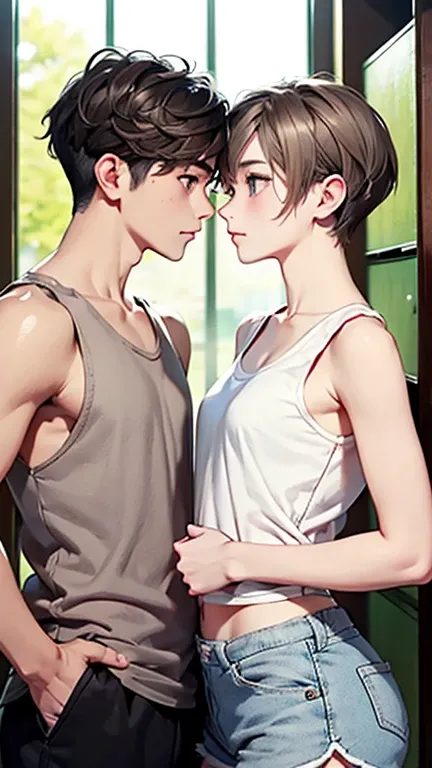 Highest quality、Realistic、zoom、Two people、Alongside、male、twins、The same face、Same height、cute、Grey Eyes、Light brown hair、short hair、White tank top、Shorts、thin、Gazing at each other、living、Bust Shot