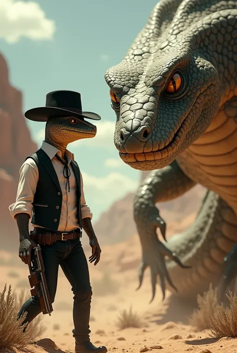 make a mafia cowboy lizard kill a giant rattlesnake 
 