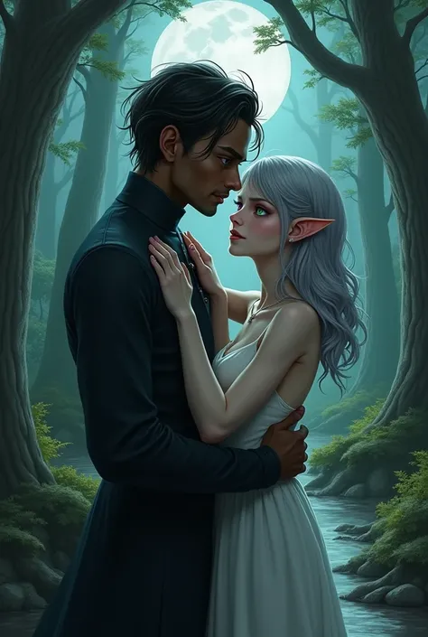 A tall man, with dark skin, thinning hair, green eyes and a smirk, holding the woman&#39;s waist. the woman is shorter than him, she is very white and has completely gray hair, the eyes are purple and the ears are pointy, she smiles, wrapping her arms arou...