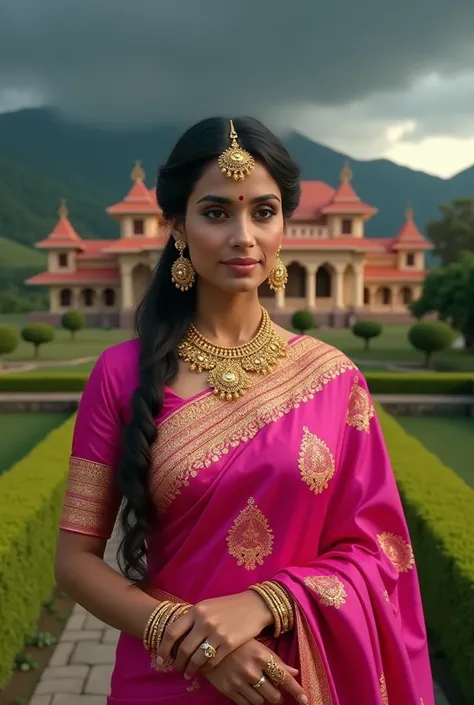 Beautiful woman,  pink silksaree south Indin saree, wearing heavy,goldbangles, necklace,earings jewelry, in front of traditional South Indian big house ,hill background, dark cloud