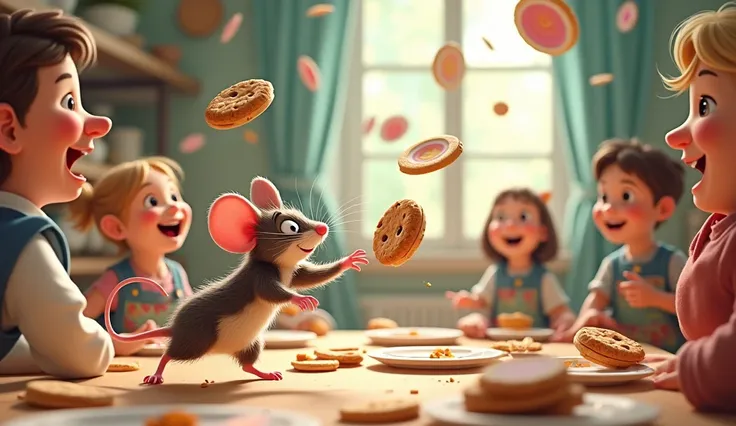 But as Max the mouse reached for the cookie, he accidentally knocked over a stack of small paper plates. The plates flew everywhere like frisbees! The Cookie Queen gasped, and a crowd of kids started laughing and pointing at the little mouse.