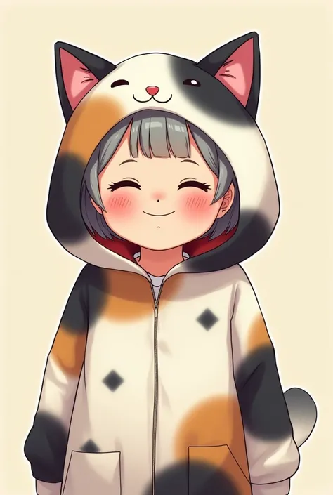 A beautiful 60-year old Japanese woman wearing a cat costume with hoodies. The fur pattern should be that of calico cat: patches of white, black, and white. The costume doesnt have a cat face. It should show only above her chest. Make it into cartoon image...