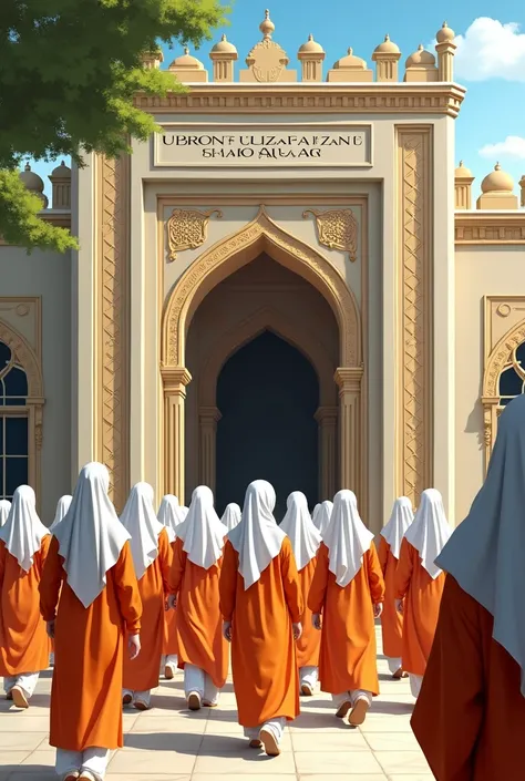 Create a image of madarasa thats name is Darul uloom FAIZAN E SARKAR E KALAN,and 40 girl in orange kurta white salwar and white hijab are entering in and remember name of madarasa must written on door