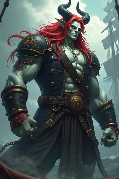 Create an image of a pirate like kaidou with the same appearance but with fiery red hair and white skin with bigger horns