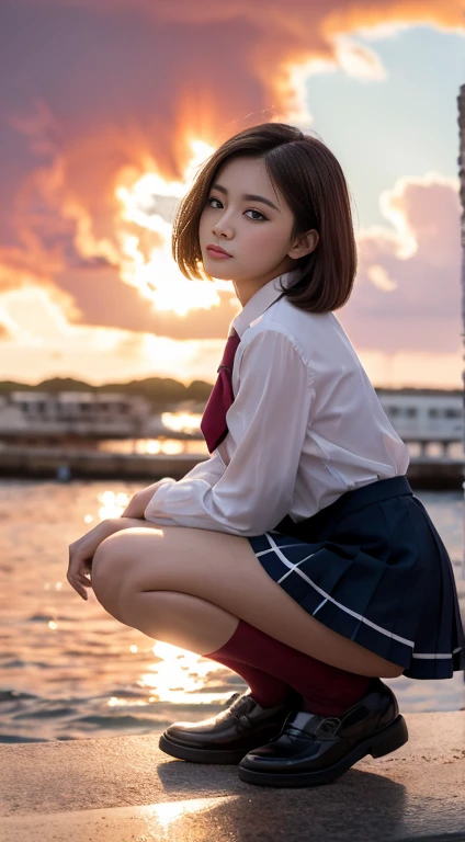 high quality、high resolution、masterpiece、Bright red sky、Beautiful crimson clouds in the background、Beautiful schoolgirl squatting on the edge of the waves with her legs spread, She has medium bob hair、Beautiful light brown hair color、Plump and large breast...