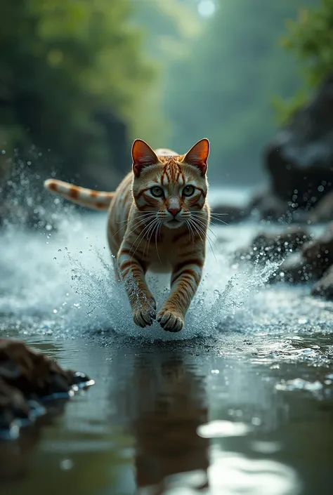 (masterpiece), extremely intricate, (realistic), 1cat is running in the river, sharp focus, dramatic, award winning, cinematic lighting, octane render, unreal engine, volumetrics dtx, outdoors, river