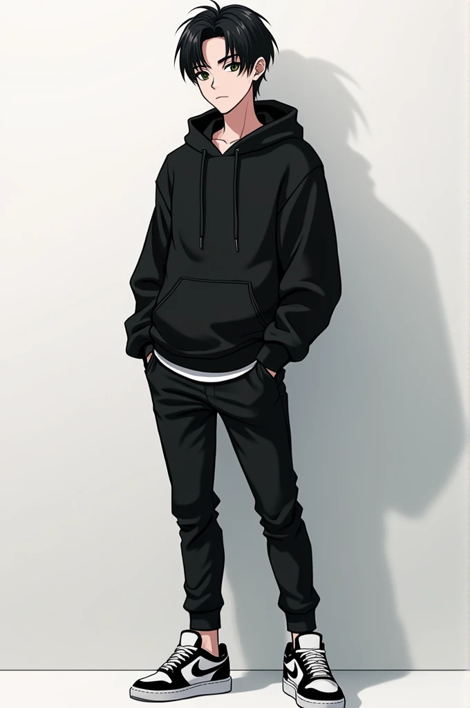 Anime handsome 
boy black hoodie black pant black and white sneakers 