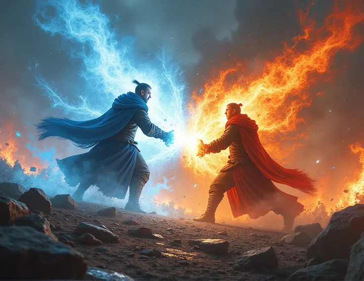 battle of fire mage and ice mage, people are lying around in blood and dust, Stones, a storm