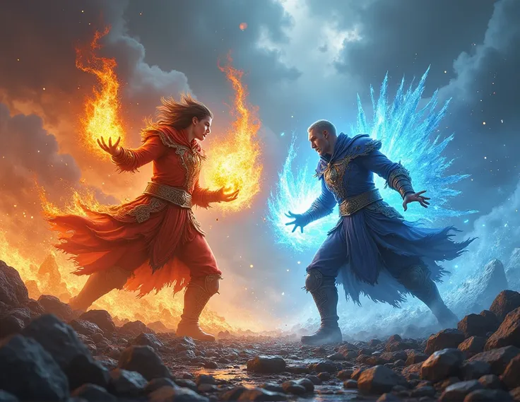 battle of fire mage and ice mage, people are lying around in blood and dust, Stones, a storm