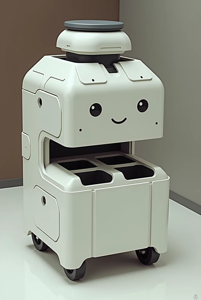 Appearance: A small box-like structure with a rotating top lid and three compartments inside.
Sketch: Draw a cube-shaped robot with a simple face on one side to give it some character without making it look cartoonish. The top part has a rotating lid to re...