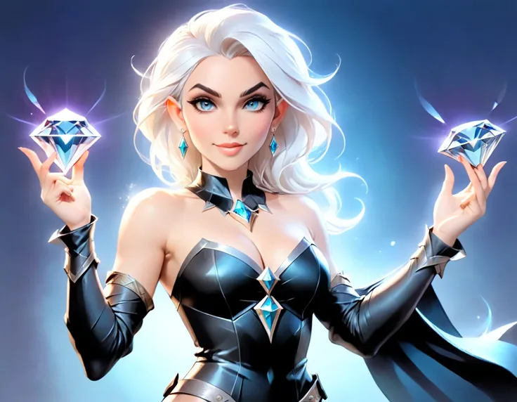 a picture of an elf thief holding an epic diamond in a vault, a female elf thief, full body, small pointy ears, dynamic hair color, dynamic hair style, pale skin, ultra detailed face, wearing black leather leotard, busty, small cleavage, high heel boots, s...