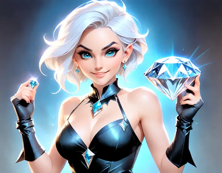 a picture of an elf thief holding an epic diamond in a vault, a female elf thief, full body, small pointy ears, dynamic hair color, dynamic hair style, pale skin, ultra detailed face, wearing black leather leotard, busty, small cleavage, high heel boots, s...