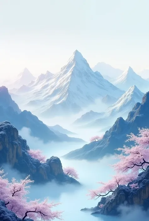 Chinese blue and white porcelain color gradient background, the snow on the mountain has white, light gray, blue, purple, dark green four colors, surrounded by blooming plum blossoms, white petals floating on top. The waves of clouds add softness to the di...