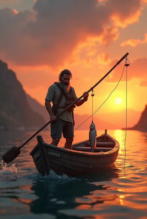 A young man with a beard, fisherman, carrying a fishing rod with a fish on the line, all this on top of a boat, with a sunset in the background.
