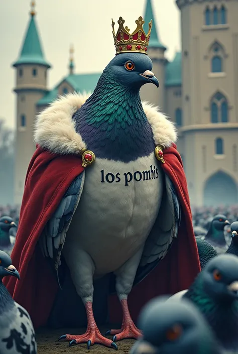 A MUSCULOUS KING PIGEON WITH A CROWN AND A SHIRT WRITTEN LOS POMBIS ON A CASTLE IN THE MIDDLE THAT STANDS OUT IN AN ARMY OF PIGEONS PRINTED ON A SHIRT