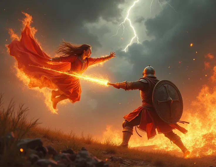 fire mage girl, flies, screams, shoots fire at a fighter in medieval armor, fighter holds shield, is weakening, flies кровь и пыль, hurricane in the background