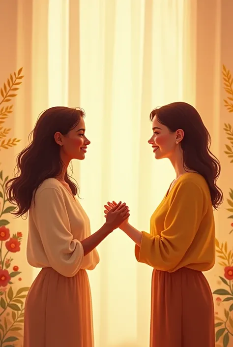 two people engaging in a friendly handshake or a face-to-face conversation, with warm, inviting colors like oranges and soft yellows.
Color Palette: Warm and inviting tones for human connection; both woman handshaking
