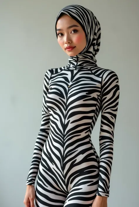 A most beautiful and thin 22 years old Asian muslimah girl wears zebra print Lycra turtleneck unitard catsuit covered with zebra stripes.She always wear zebra Lycra dancewear hijab.She has beautiful cheeks on her face.