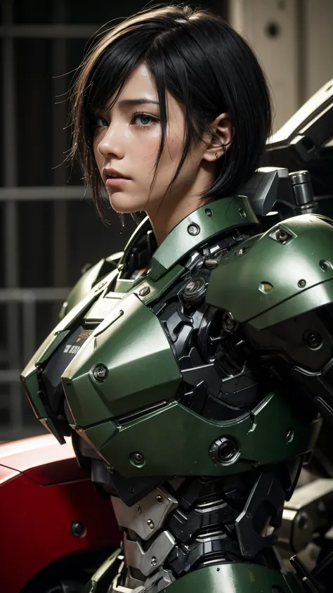 Textured skin, Very detailed, Attention to detail, high quality, 最high quality, High resolution, 1080P, hard disk, beautiful,(War Machine),beautifulサイボーグ女性,Mecha Cyborg Girl,BATTLE MODE,Girl with a mechanical body　Black Hair　Short Hair Boyish　Green Armor　S...