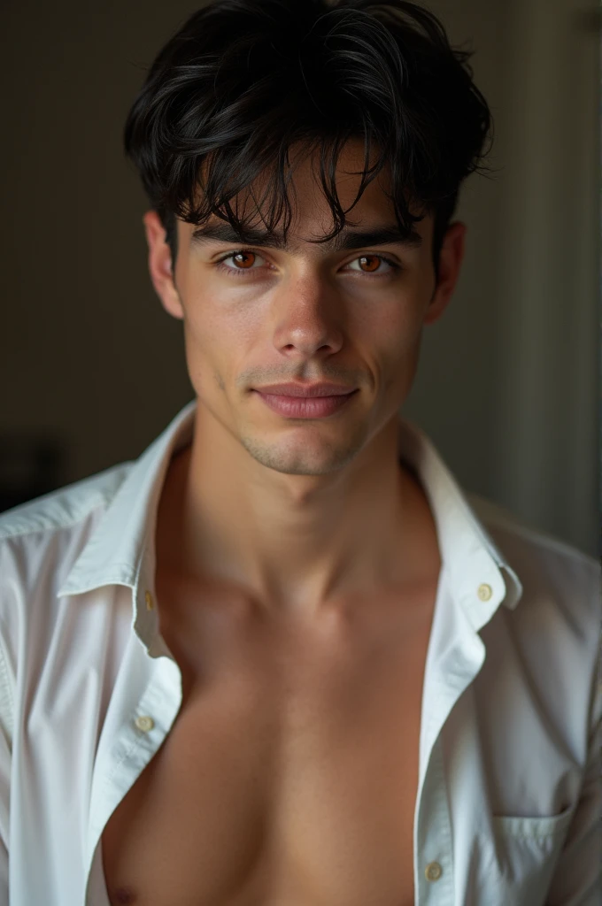 young European man, with short black hair , red eyes , smirking, dressed in a unbuttoned shirt,  slowly undressing 